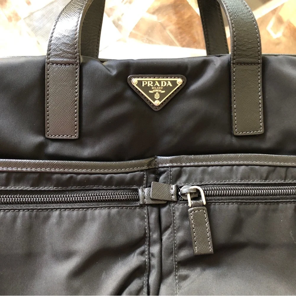 Prada Black re-Nylon saffiano leather Travel Tote Bag